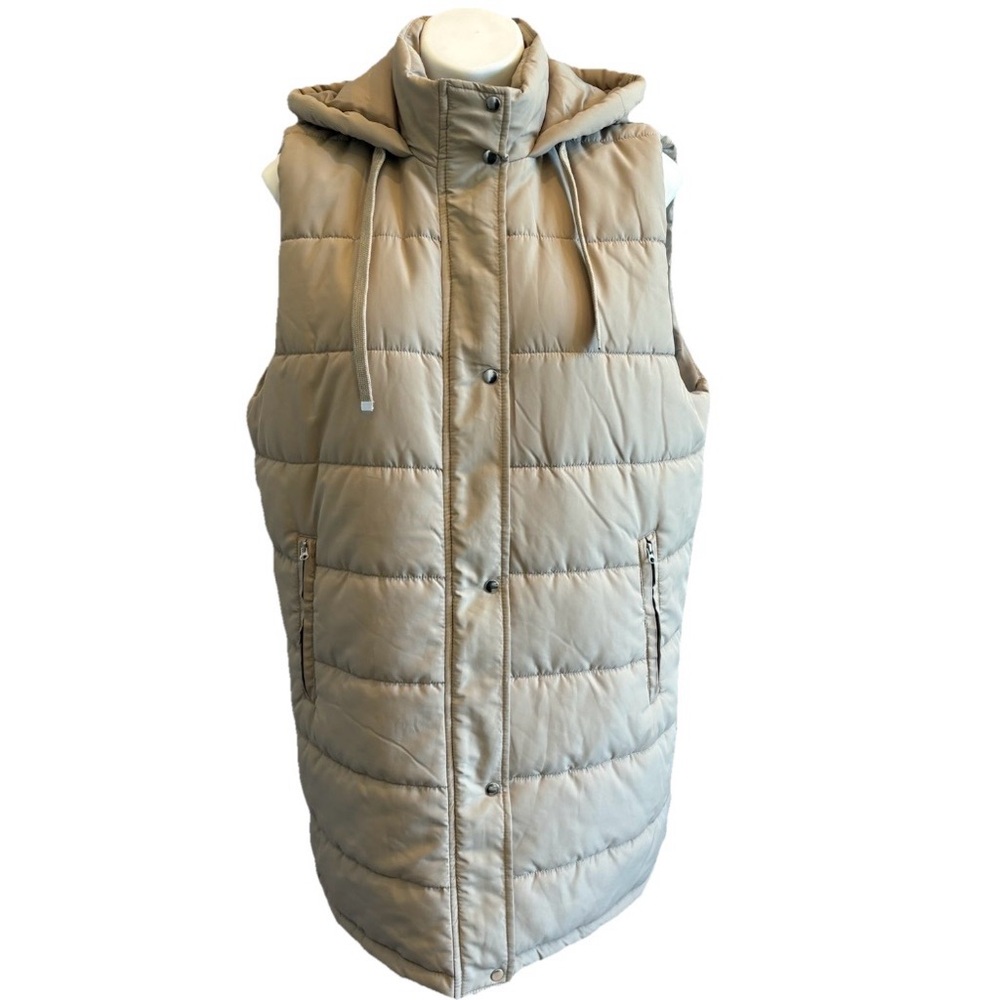 DIP Woman’s Quilted Puffer Vest Hooded Sleeveless Beige XL Full Zip Mid Length